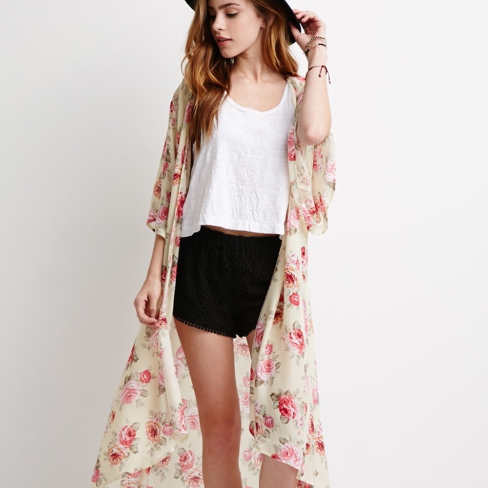 Long floral robe / kimono / duster pink, cream, S